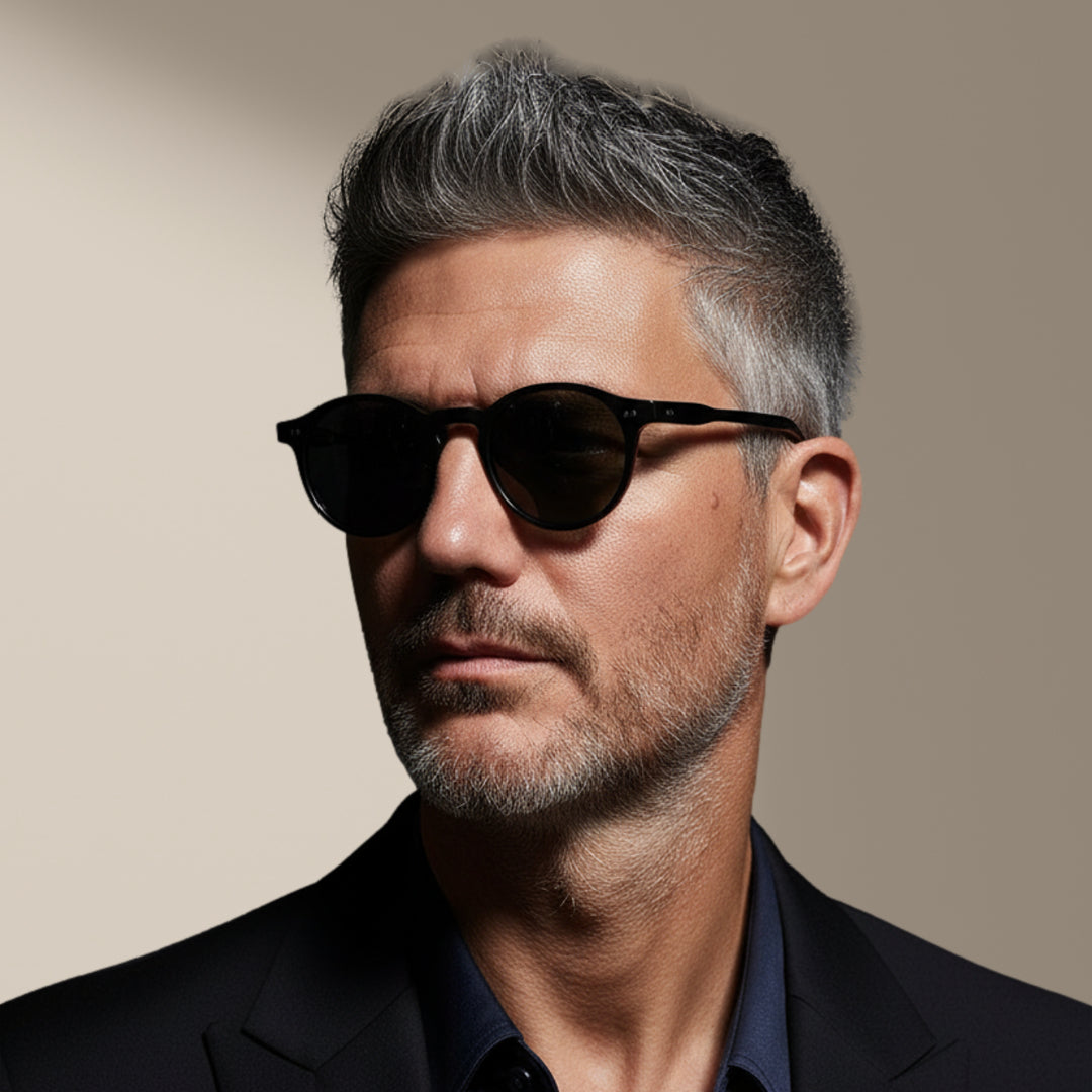 Black/Grey - Oxford - Round - Acetate - Sunglasses